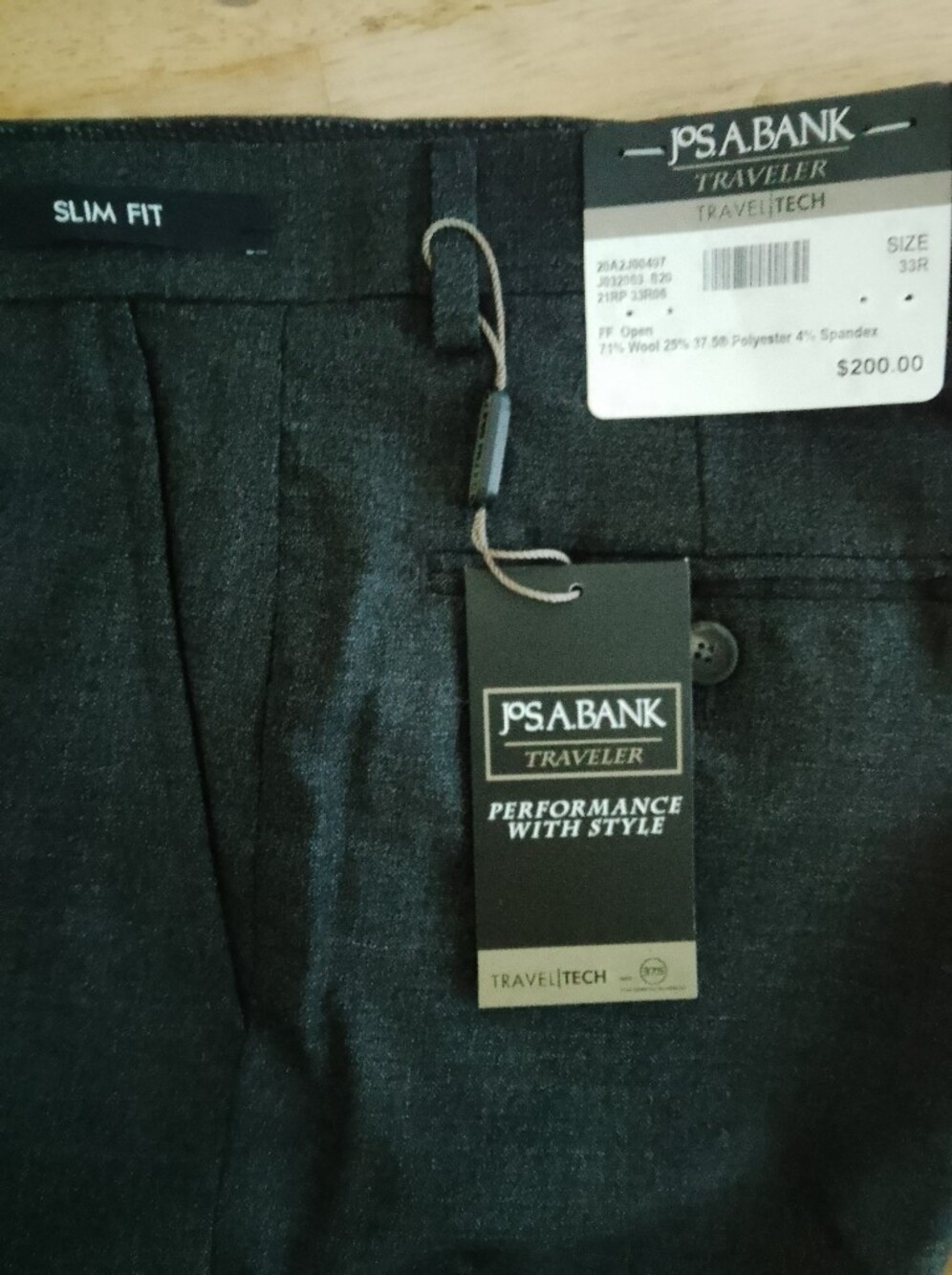 Jos. A. Bank Traveler Dress Pants in Dark Charcoal Un-Hem 33R Slim Trousers